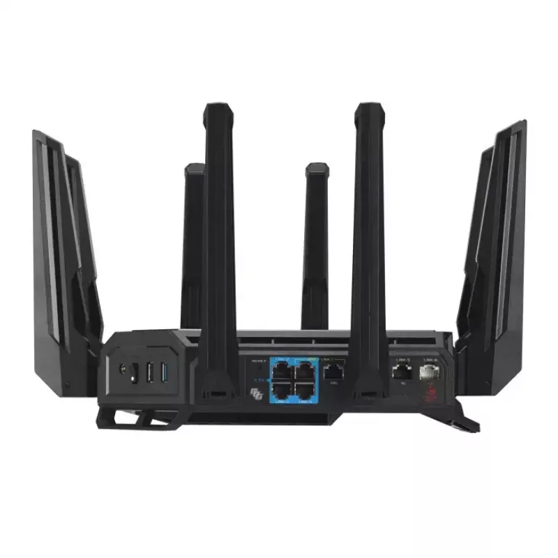 ASUS ROG Rapture GT-BE19000 belaidis maršrutizatorius, Wi-Fi 7, trijų juostų (2.4 GHz / 5 GHz / 6 GHz), Multi-Gigabit Ethernet, juodas/raudonas