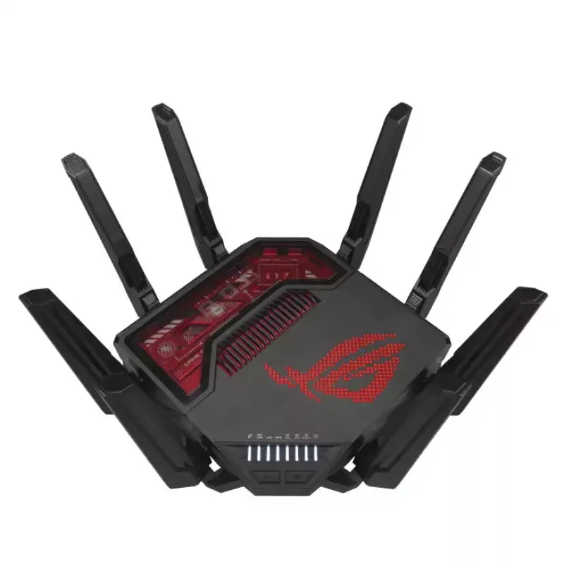 ASUS ROG Rapture GT-BE19000 belaidis maršrutizatorius, Wi-Fi 7, trijų juostų (2.4 GHz / 5 GHz / 6 GHz), Multi-Gigabit Ethernet, juodas/raudonas