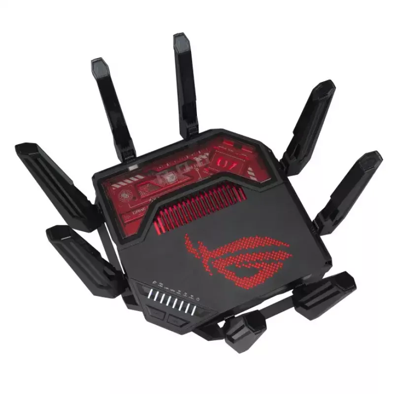 ASUS ROG Rapture GT-BE19000 belaidis maršrutizatorius, Wi-Fi 7, trijų juostų (2.4 GHz / 5 GHz / 6 GHz), Multi-Gigabit Ethernet, juodas/raudonas