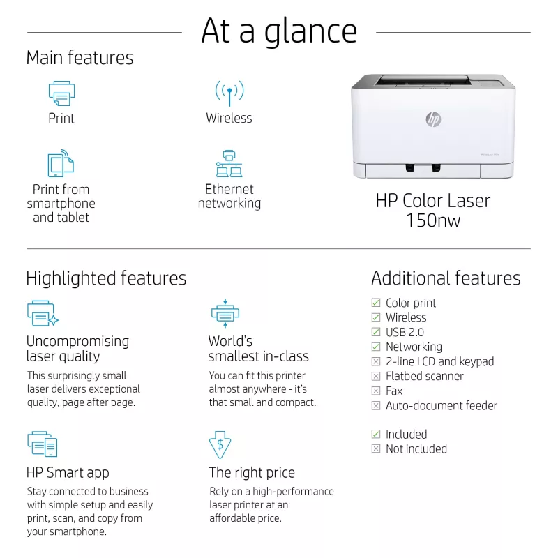 HP Color Laser 150nw spalvotas lazerinis spausdintuvas, 600 x 600 DPI, A4, 18 ppm, automatinis dvipusis spausdinimas