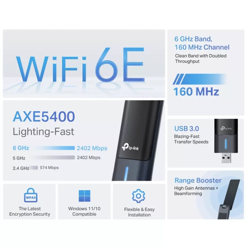 TP-Link Archer AXE5400 Wi-Fi 6E aukšto stiprinimo belaidis USB adapteris