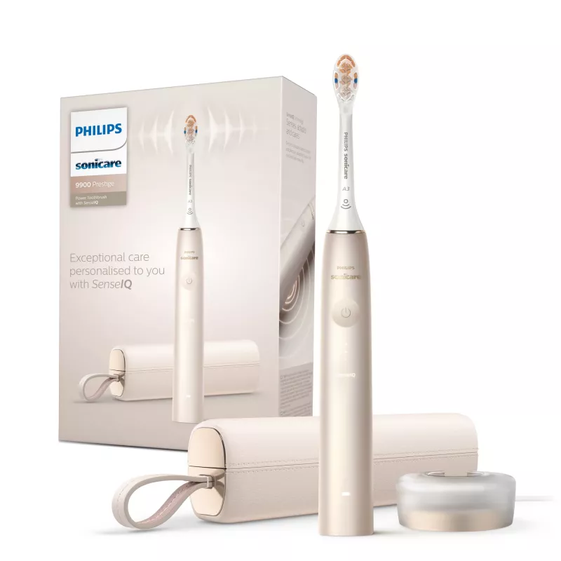 Philips Sonicare DiamondClean Prestige 9900 serijos HX9992/11 soninis elektrinis dantų šepetėlis su SenseIQ - šampano spalva