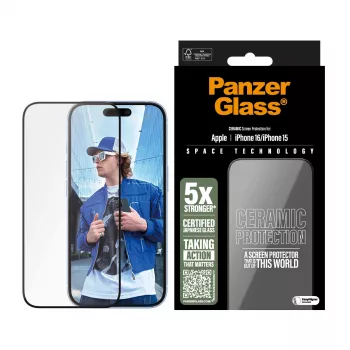 PanzerGlass ® Keraminis ekrano apsauginis stiklas iPhone 16 | 15 | Ultra-Wide Fit su EasyAligner