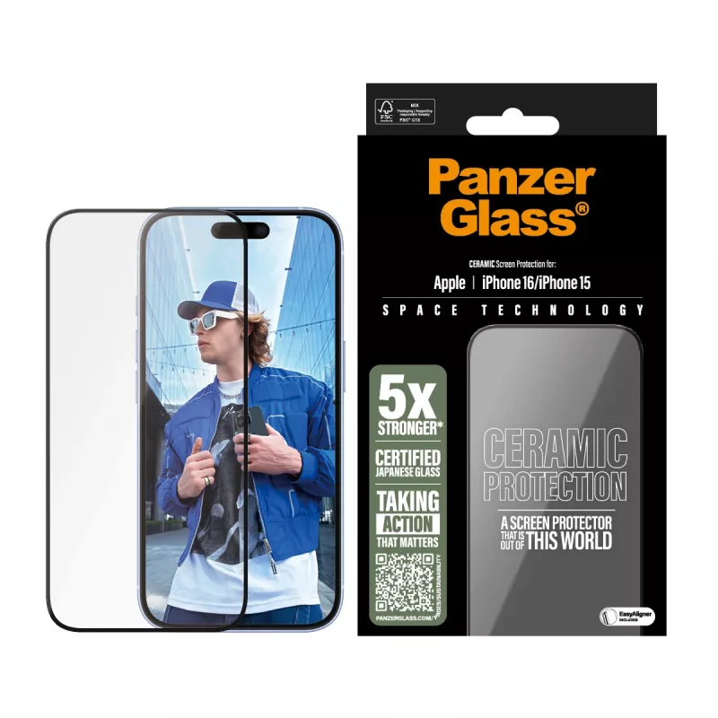PanzerGlass ® Keraminis ekrano apsauginis stiklas iPhone 16 | 15 | Ultra-Wide Fit su EasyAligner