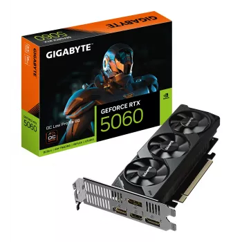 GIGABYTE GeForce RTX 5060 OC Low Profile 8G vaizdo plokštė – 8 GB GDDR7, 128 bitų, PCI-E 5.0, 2512 MHz branduolio dažnis, 3x DisplayPort, 1x HDMI, GV-N5060OC-8GL