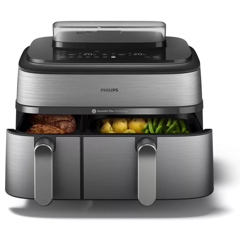 Philips 5000 serijos NA555/00 gruzdintuvė Dviguba 9 L Laisvai pastatoma 2750 W Karšto oro gruzdintuvė Sidabrinė