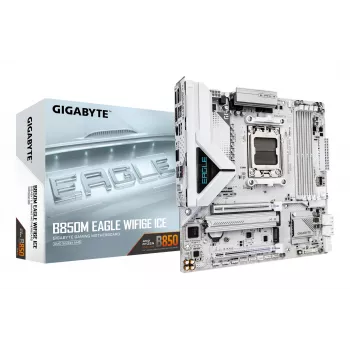 GIGABYTE B850M EAGLE WIFI6E ICE pagrindinė plokštė – AMD Ryzen 9000 serijos procesoriams, 8+2+2 fazių skaitmeninis VRM, iki 8200MHz DDR5 (OC), 1xPCIe 5.0 + 1xPCIe 4.0 M.2, Wi-Fi 6E, 2.5 GbE LAN, USB 3.2 Gen 2