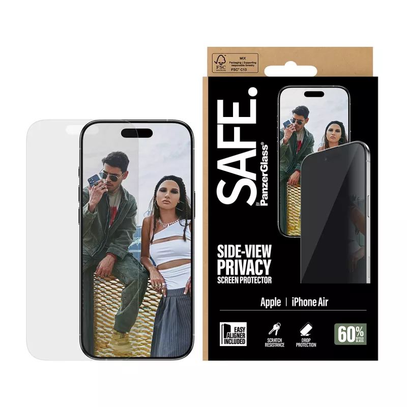 Apsauginis stiklas PanzerGlass SAFE. Privacy, Apple iPhone Air – grūdintas stiklas, itin platus dengimas, EasyAligner, atsparus įbrėžimams ir smūgiams