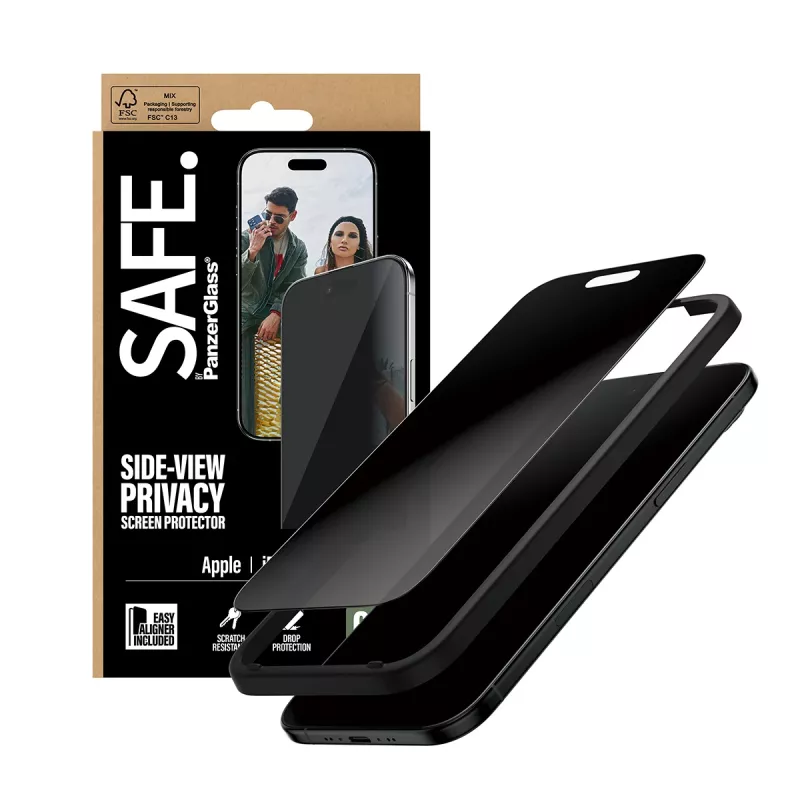 Apsauginis stiklas PanzerGlass SAFE. Privacy, Apple iPhone Air – grūdintas stiklas, itin platus dengimas, EasyAligner, atsparus įbrėžimams ir smūgiams