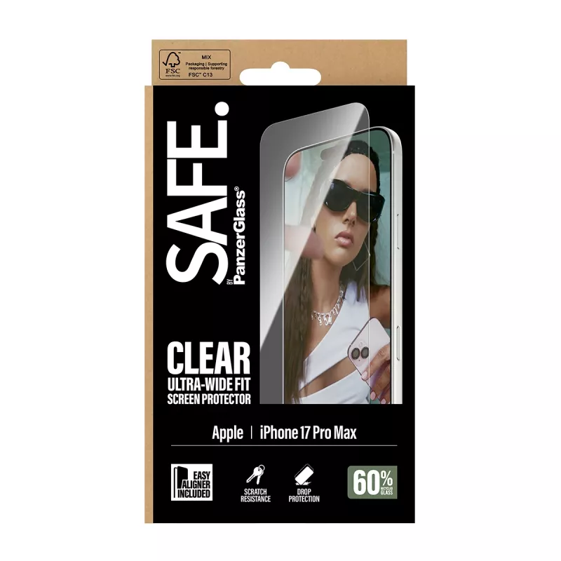 Apsauginis stiklas PanzerGlass SAFE. by iPhone 17 Pro Max — Ultra-Wide Fit, grūdintas stiklas, sausas montavimas, 1 vnt.