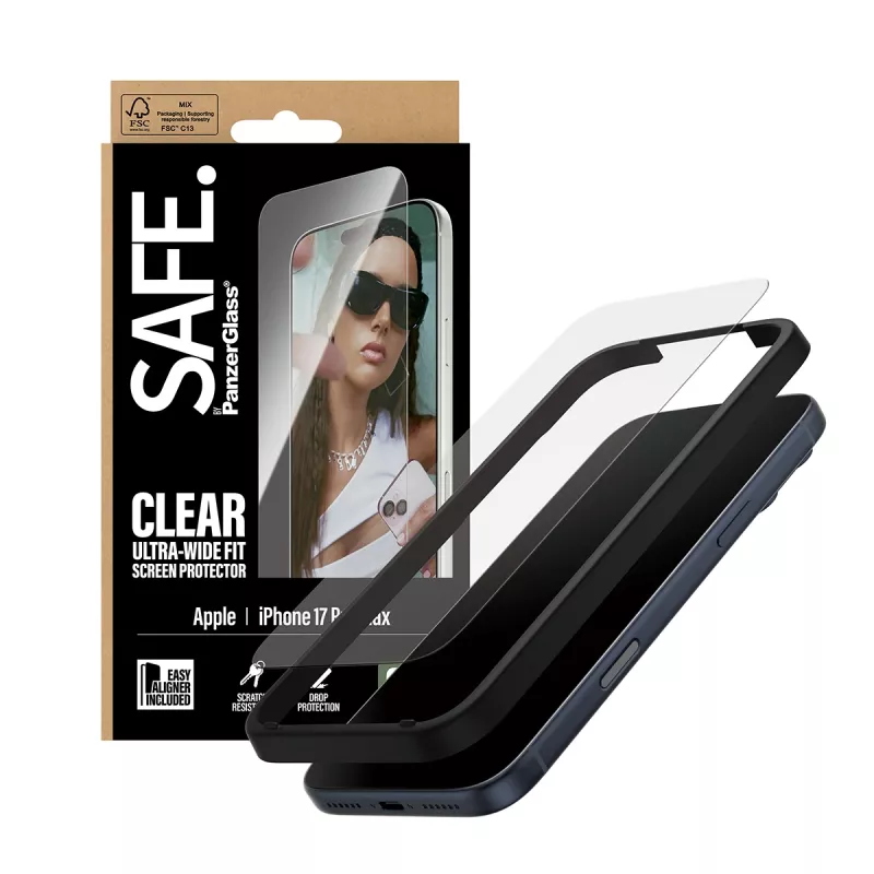 Apsauginis stiklas PanzerGlass SAFE. by iPhone 17 Pro Max — Ultra-Wide Fit, grūdintas stiklas, sausas montavimas, 1 vnt.