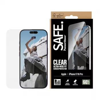 PanzerGlass SAFE. by® Ekrano apsauga iPhone 17 | iPhone 16 Pro | Ultra-Wide Fit su EasyAligner