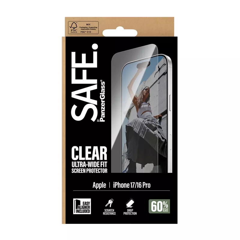 PanzerGlass SAFE. by® Ekrano apsauga iPhone 17 | iPhone 16 Pro | Ultra-Wide Fit su EasyAligner