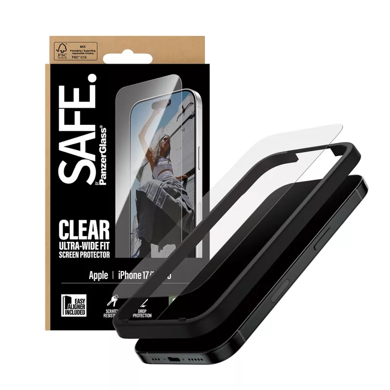 PanzerGlass SAFE. by® Ekrano apsauga iPhone 17 | iPhone 16 Pro | Ultra-Wide Fit su EasyAligner