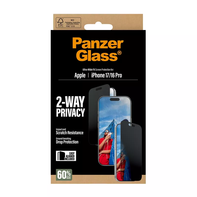 PanzerGlass® 2-Way privatumo ekrano apsauga iPhone 17 | iPhone 16 Pro | Ultra-Wide Fit su EasyAligner