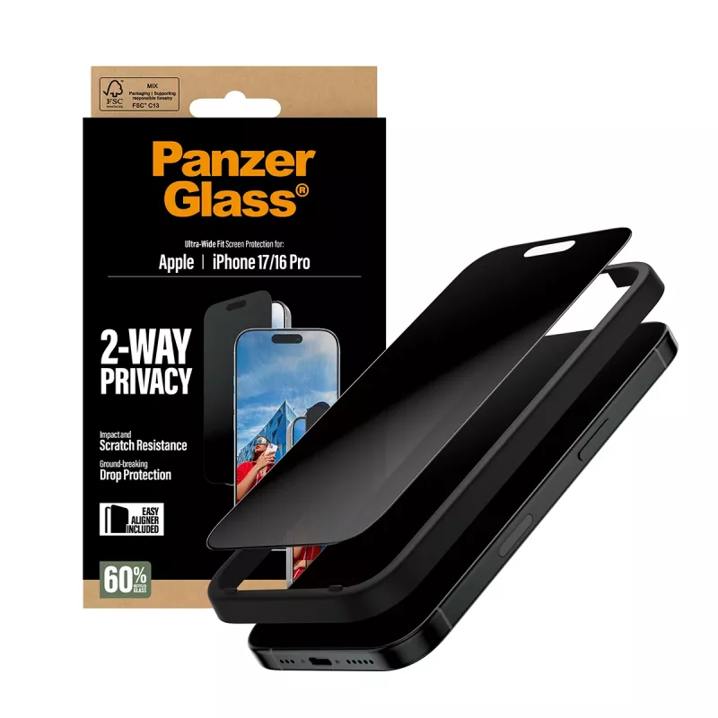 PanzerGlass® 2-Way privatumo ekrano apsauga iPhone 17 | iPhone 16 Pro | Ultra-Wide Fit su EasyAligner