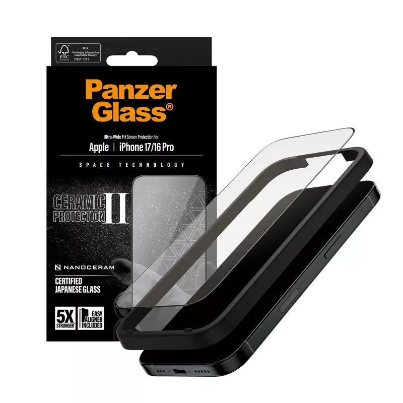 PanzerGlass® Ceramic II Ekrano apsauga iPhone 17 | iPhone 16 Pro | Ultra-Wide Fit su EasyAligner