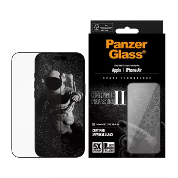 Apsauginis stiklas PanzerGlass Ceramic II, skirtas iPhone Air Ultra-Wide Fit su EasyAligner, grūdintas stiklas PET Silikonas Skaidrus 1 vnt.