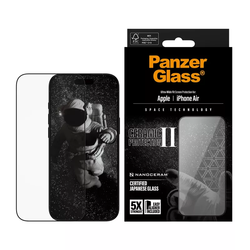 Apsauginis stiklas PanzerGlass Ceramic II, skirtas iPhone Air Ultra-Wide Fit su EasyAligner, grūdintas stiklas PET Silikonas Skaidrus 1 vnt.