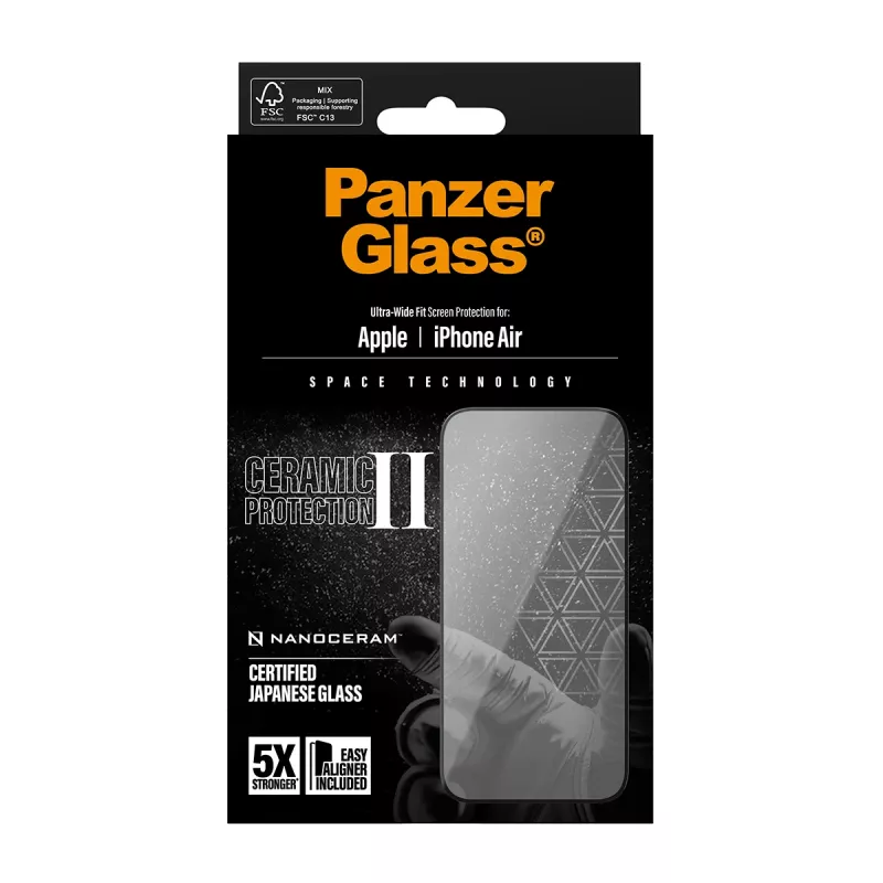 Apsauginis stiklas PanzerGlass Ceramic II, skirtas iPhone Air Ultra-Wide Fit su EasyAligner, grūdintas stiklas PET Silikonas Skaidrus 1 vnt.