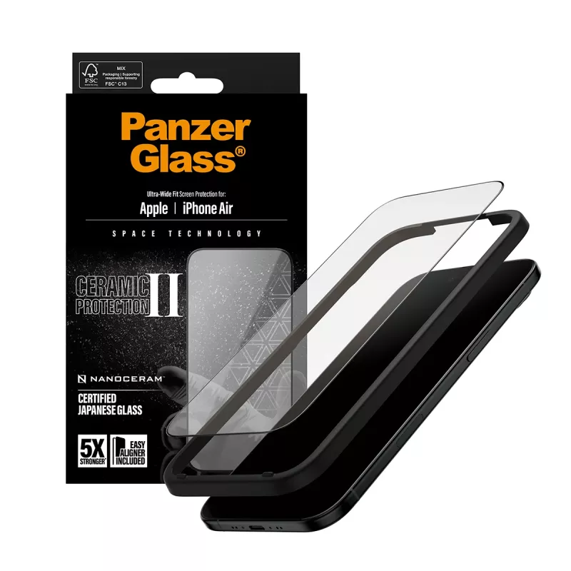 Apsauginis stiklas PanzerGlass Ceramic II, skirtas iPhone Air Ultra-Wide Fit su EasyAligner, grūdintas stiklas PET Silikonas Skaidrus 1 vnt.