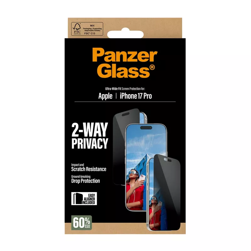 PanzerGlass ® 2-Way privatumo ekrano apsauga iPhone 17 Pro | Ultra-Wide Fit su EasyAligner