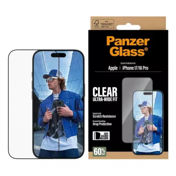 PanzerGlass® ekrano apsauga iPhone 17 | iPhone 16 Pro | Ultra-Wide Fit su EasyAligner