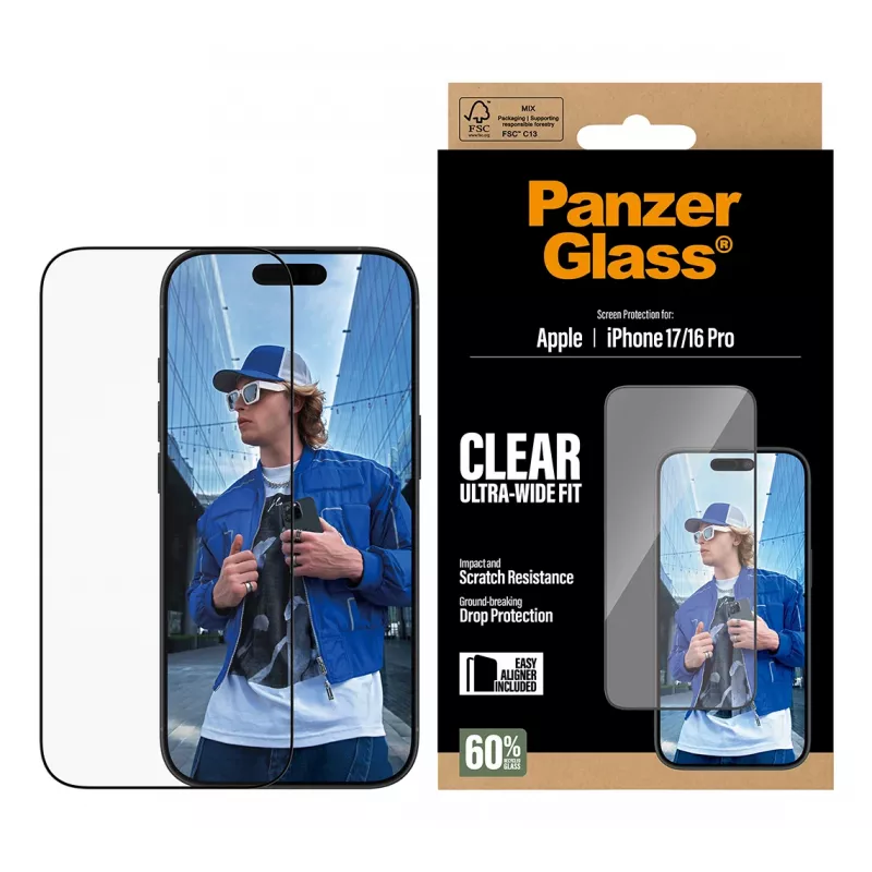 PanzerGlass® ekrano apsauga iPhone 17 | iPhone 16 Pro | Ultra-Wide Fit su EasyAligner