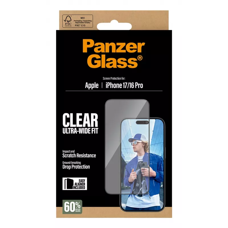PanzerGlass® ekrano apsauga iPhone 17 | iPhone 16 Pro | Ultra-Wide Fit su EasyAligner