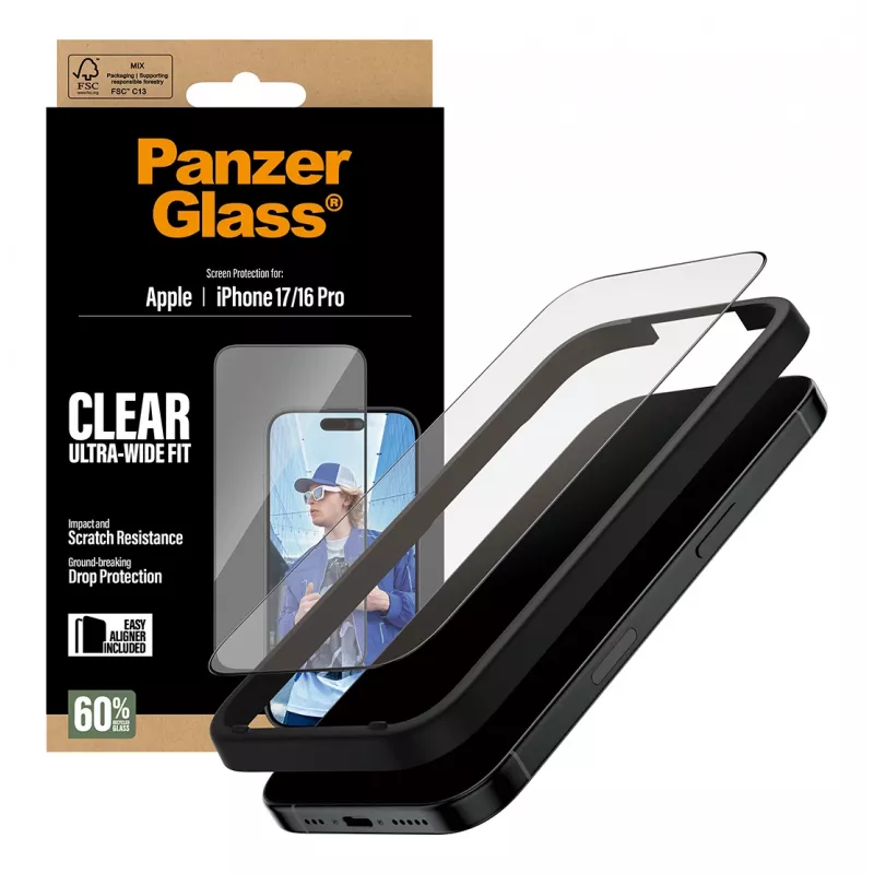 PanzerGlass® ekrano apsauga iPhone 17 | iPhone 16 Pro | Ultra-Wide Fit su EasyAligner