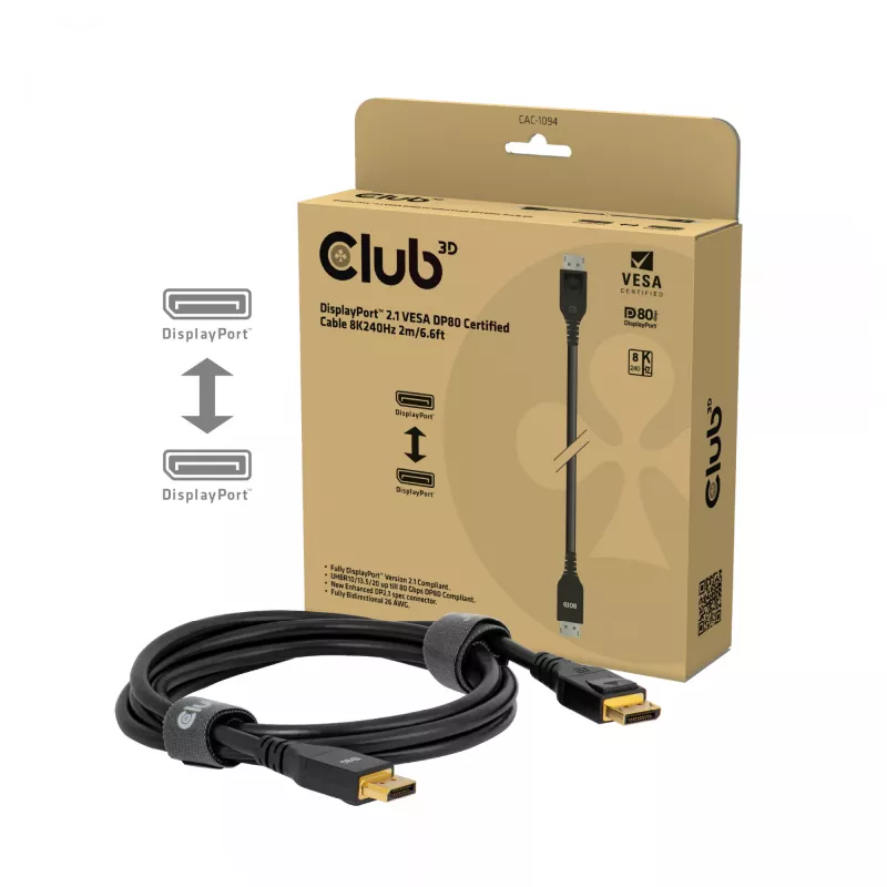 CLUB3D DisplayPort™ 2.1 VESA DP80 sertifikuotas kabelis 8K240Hz 2m/6.56ft