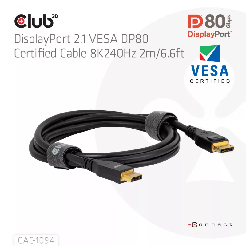 CLUB3D DisplayPort™ 2.1 VESA DP80 sertifikuotas kabelis 8K240Hz 2m/6.56ft