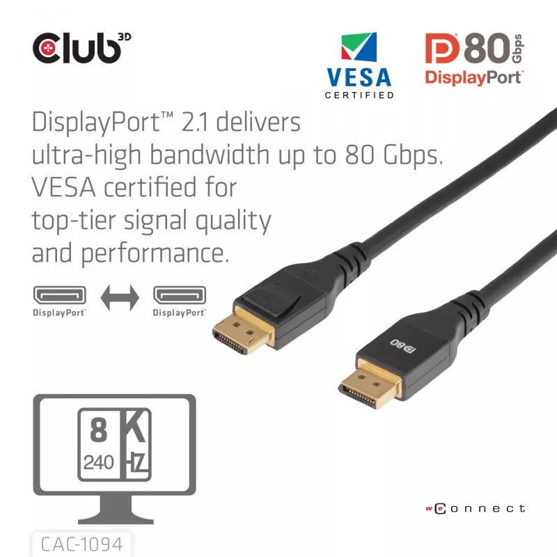 CLUB3D DisplayPort™ 2.1 VESA DP80 sertifikuotas kabelis 8K240Hz 2m/6.56ft
