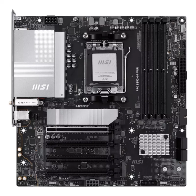Motininė plokštė MSI PRO B850M-P WIFI micro ATX, AMD B850, lizdas AM5, 4×DDR5 DIMM, 3×M.2, Wi‑Fi 7, 5Gb LAN