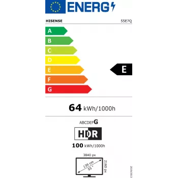 LED televizorius Hisense 55E7Q 55 colių QLED 4K UHD (3840x2160), VIDAA, Wi‑Fi, Bluetooth, HDR10, 60Hz, 20W, Juodas