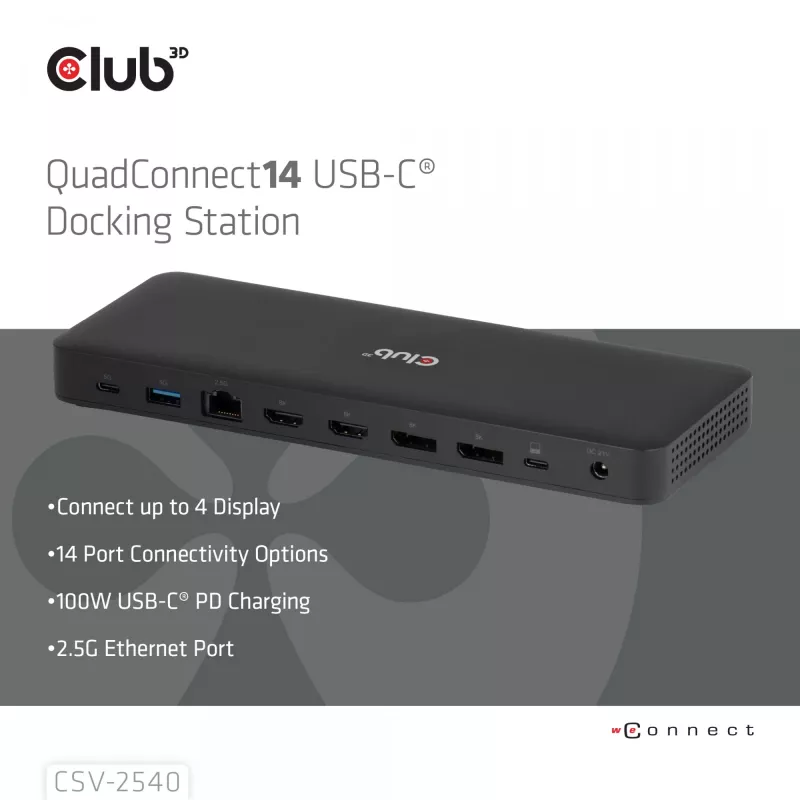 Dokavimo stotelė CLUB 3D 14-1 USB-C Quad Display USB4 su 2× USB 2.0 prievadais
