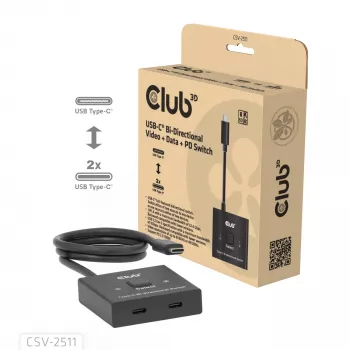 CLUB3D USB-C® dvikryptis vaizdo + duomenų + PD jungiklis, USB Type-C, 2x DisplayPort, 7680 x 4320 pikseliai, juodas, 8K Ultra HD, 120 Hz