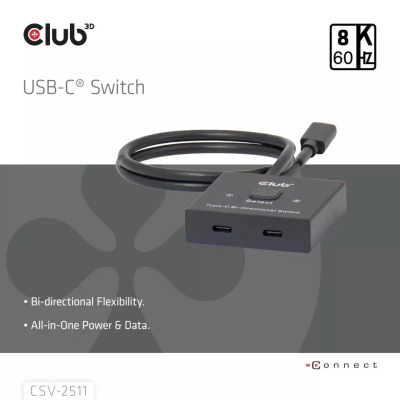 CLUB3D USB-C® dvikryptis vaizdo + duomenų + PD jungiklis, USB Type-C, 2x DisplayPort, 7680 x 4320 pikseliai, juodas, 8K Ultra HD, 120 Hz