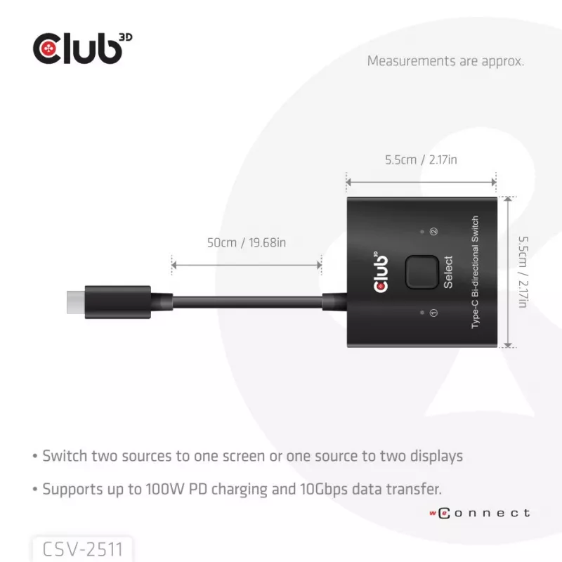 CLUB3D USB-C® dvikryptis vaizdo + duomenų + PD jungiklis, USB Type-C, 2x DisplayPort, 7680 x 4320 pikseliai, juodas, 8K Ultra HD, 120 Hz