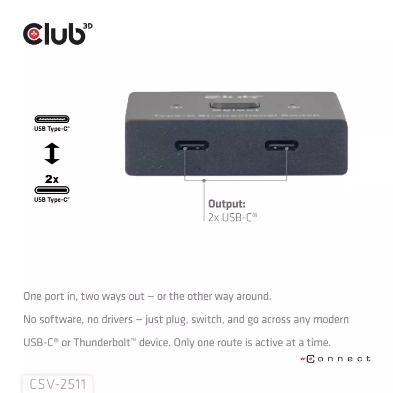 CLUB3D USB-C® dvikryptis vaizdo + duomenų + PD jungiklis, USB Type-C, 2x DisplayPort, 7680 x 4320 pikseliai, juodas, 8K Ultra HD, 120 Hz