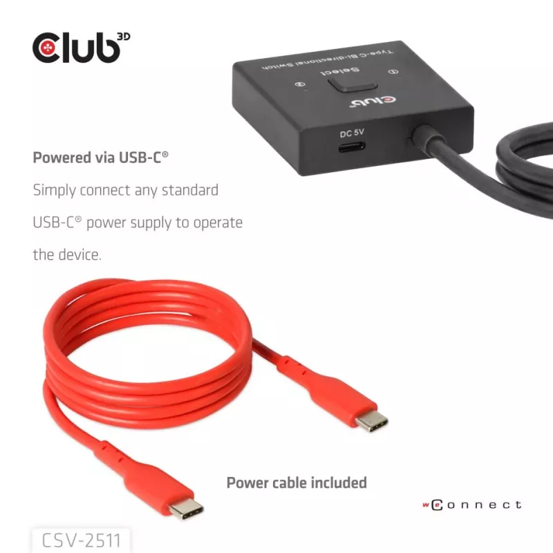 CLUB3D USB-C® dvikryptis vaizdo + duomenų + PD jungiklis, USB Type-C, 2x DisplayPort, 7680 x 4320 pikseliai, juodas, 8K Ultra HD, 120 Hz