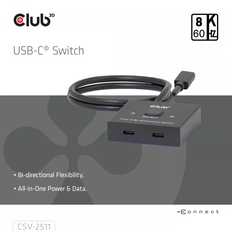 CLUB3D USB-C® dvikryptis vaizdo + duomenų + PD jungiklis, USB Type-C, 2x DisplayPort, 7680 x 4320 pikseliai, juodas, 8K Ultra HD, 120 Hz