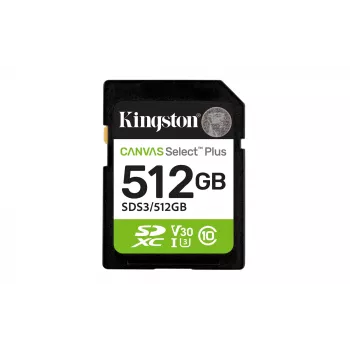 Kingston Canvas Select Plus 512GB SDXC atminties kortelė, 150MB/s, C10, UHS-I, U3, V30