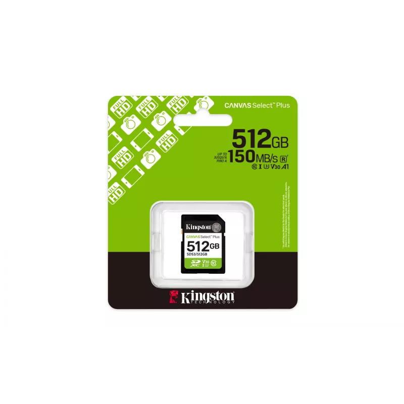 Kingston Canvas Select Plus 512GB SDXC atminties kortelė, 150MB/s, C10, UHS-I, U3, V30