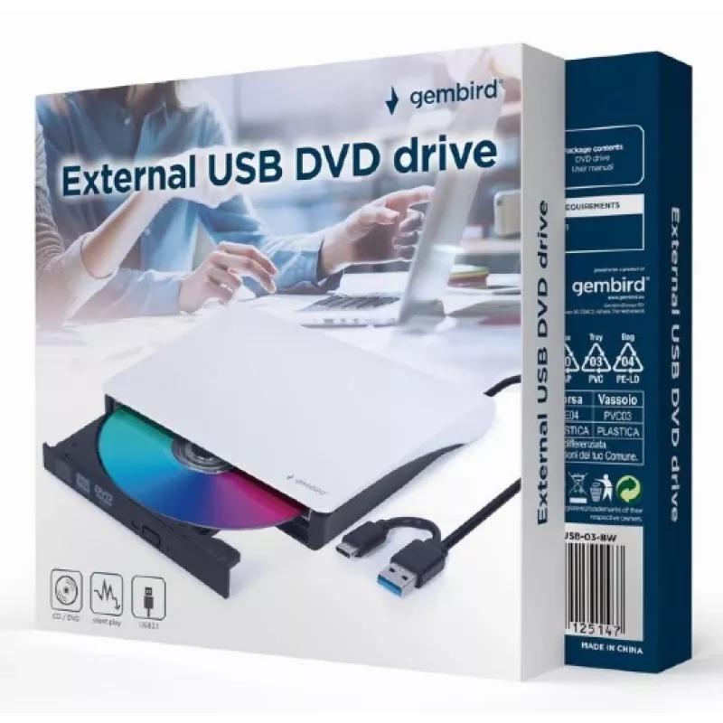 GEMBIRD išorinis USB DVD diskų įrenginys, juodai baltas