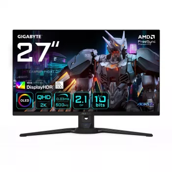 GIGABYTE AORUS FO27Q5P OLED QHD žaidimų monitorius - 2560 x 1440, 500Hz, 0.03ms, KVM, 300 cd/m², FreeSync Premium Pro, DisplayHDR True Black 500, DisplayPort 2.1