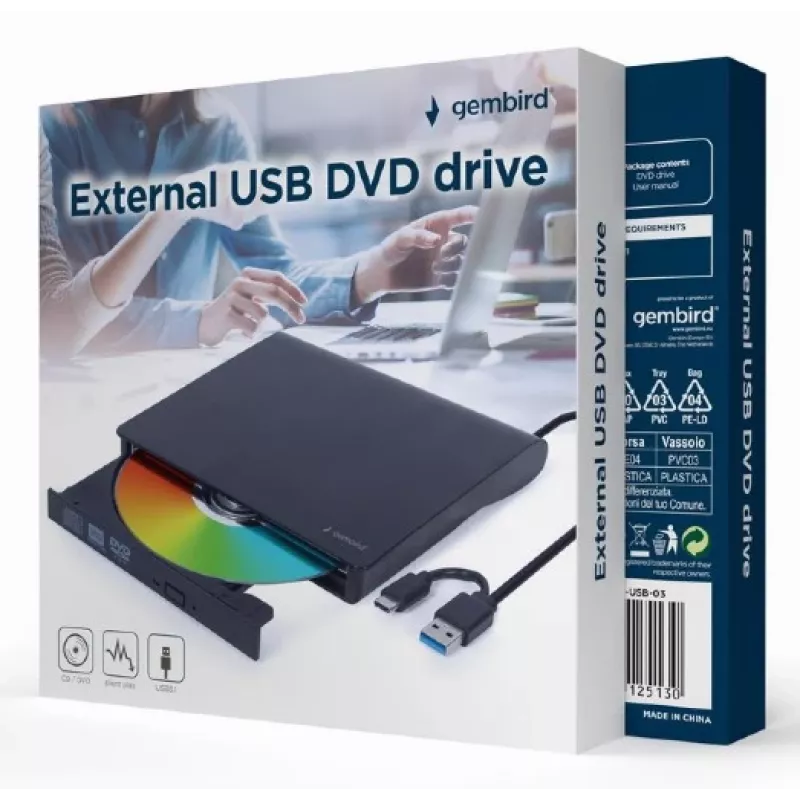 Vidinis DVD±RW įrenginys Gembird DVD-USB-031 – USB Type-C, 24x CD / 8x DVD, priekinis įdėjimas, juodas, 140×18×140 mm