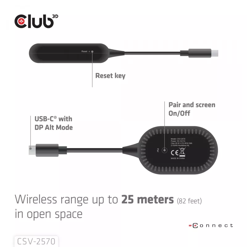 CLUB3D Wireless USB-C į HDMI AV siųstuvas-imtuvas, 1920 x 1080 pikseliai, juodas