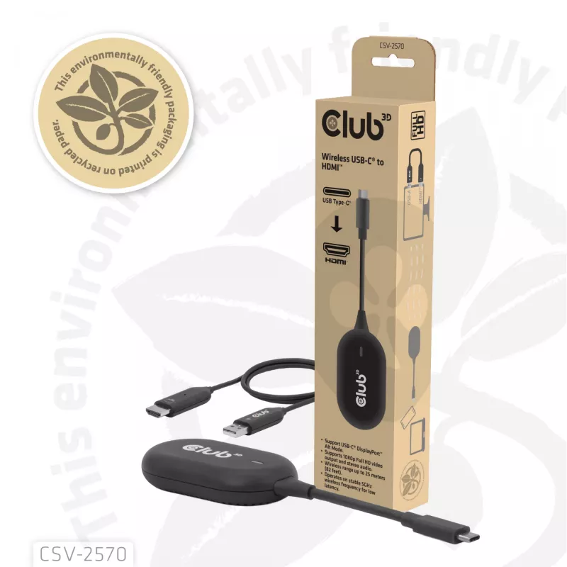 CLUB3D Wireless USB-C į HDMI AV siųstuvas-imtuvas, 1920 x 1080 pikseliai, juodas