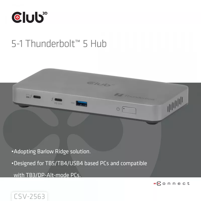 CLUB3D CSV-2563 5-1 Thunderbolt™ 5 Hub su trigubu vaizdu 5K60Hz, Thunderbolt™ Share, sertifikuotas, 180W